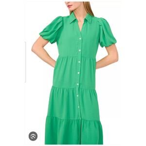 $89 Women's Green Tiered Short Puff Sleeve Ruffle maxi A-Line Dress Size Large